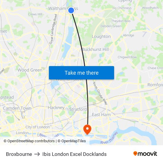 Broxbourne to Ibis London Excel Docklands map