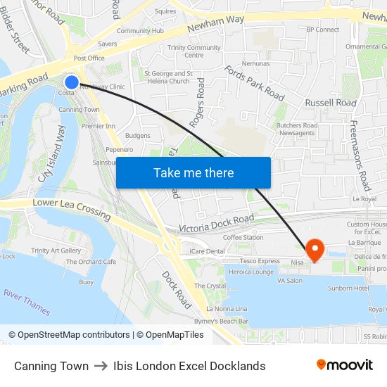 Canning Town to Ibis London Excel Docklands map