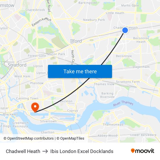 Chadwell Heath to Ibis London Excel Docklands map