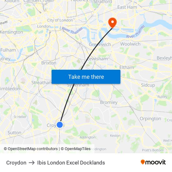 Croydon to Ibis London Excel Docklands map