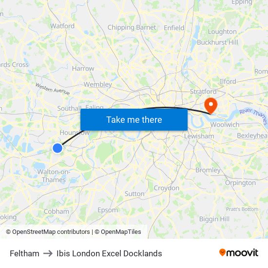 Feltham to Ibis London Excel Docklands map