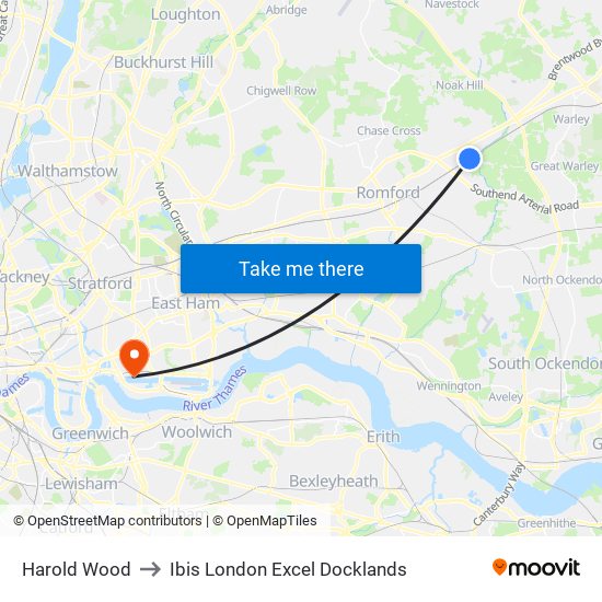 Harold Wood to Ibis London Excel Docklands map