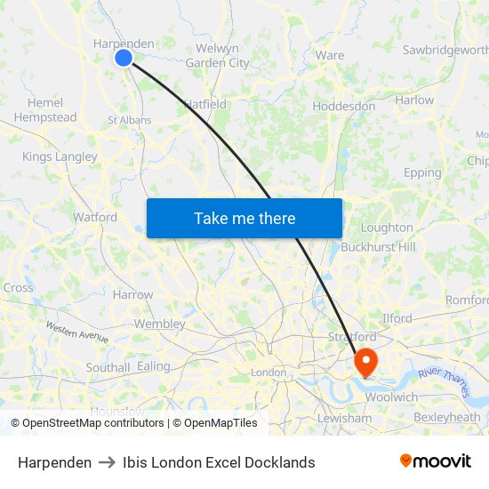 Harpenden to Ibis London Excel Docklands map