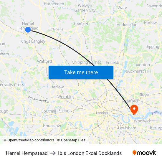 Hemel Hempstead to Ibis London Excel Docklands map