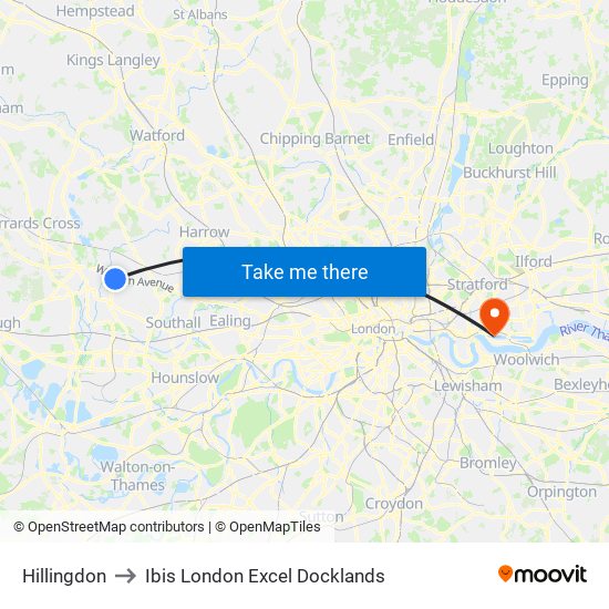 Hillingdon to Ibis London Excel Docklands map
