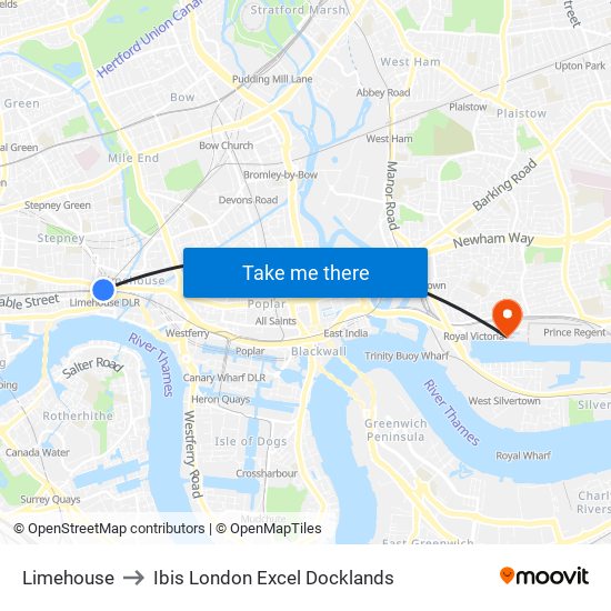 Limehouse to Ibis London Excel Docklands map