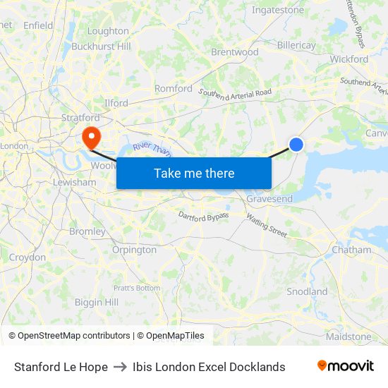Stanford Le Hope to Ibis London Excel Docklands map