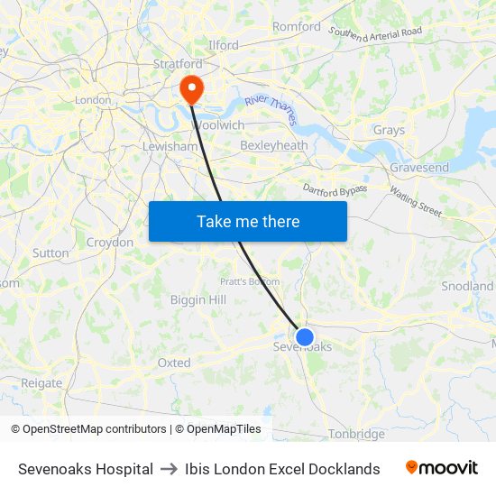 Sevenoaks Hospital to Ibis London Excel Docklands map