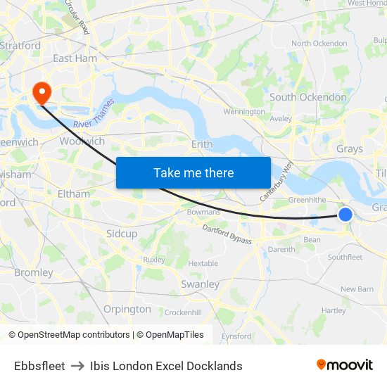 Ebbsfleet to Ibis London Excel Docklands map