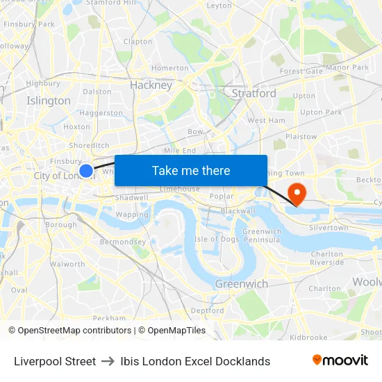 Liverpool Street to Ibis London Excel Docklands map