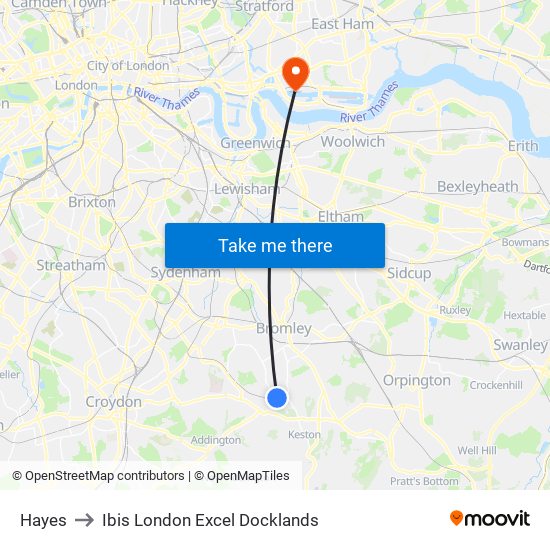 Hayes to Ibis London Excel Docklands map