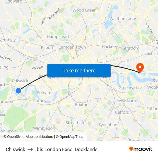 Chiswick to Ibis London Excel Docklands map