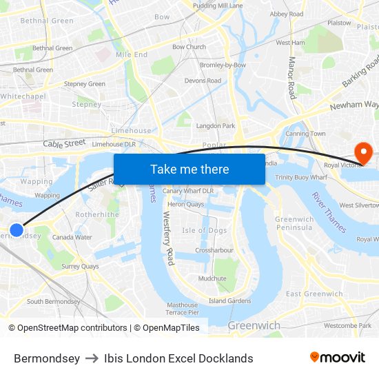 Bermondsey to Ibis London Excel Docklands map