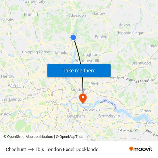 Cheshunt to Ibis London Excel Docklands map