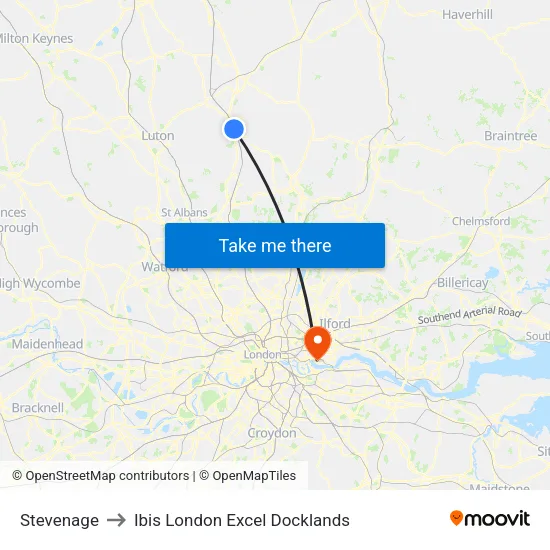 Stevenage to Ibis London Excel Docklands map