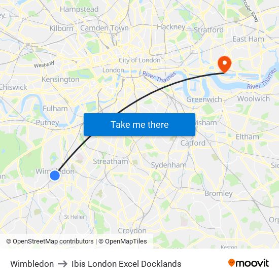 Wimbledon to Ibis London Excel Docklands map