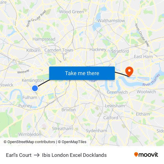 Earl's Court to Ibis London Excel Docklands map