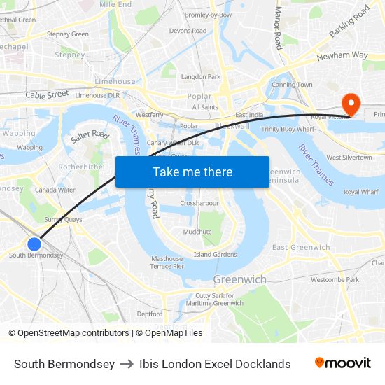 South Bermondsey to Ibis London Excel Docklands map
