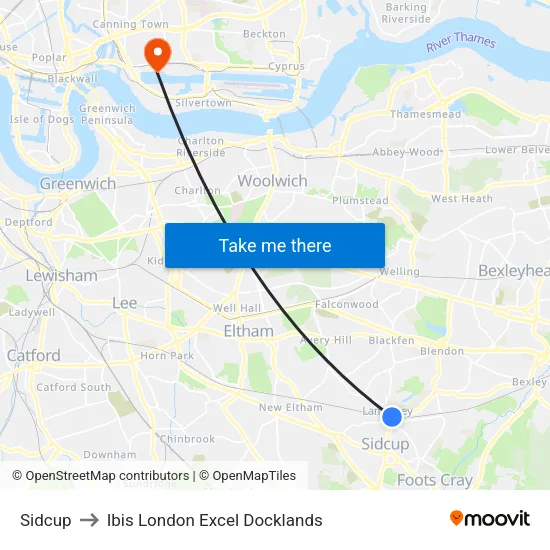 Sidcup to Ibis London Excel Docklands map