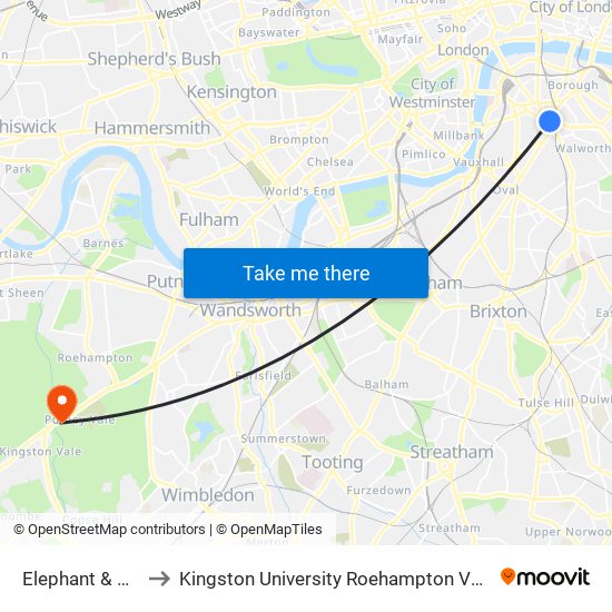 Elephant & Castle to Kingston University Roehampton Vale Campus map