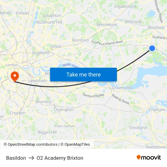 Basildon to O2 Academy Brixton map