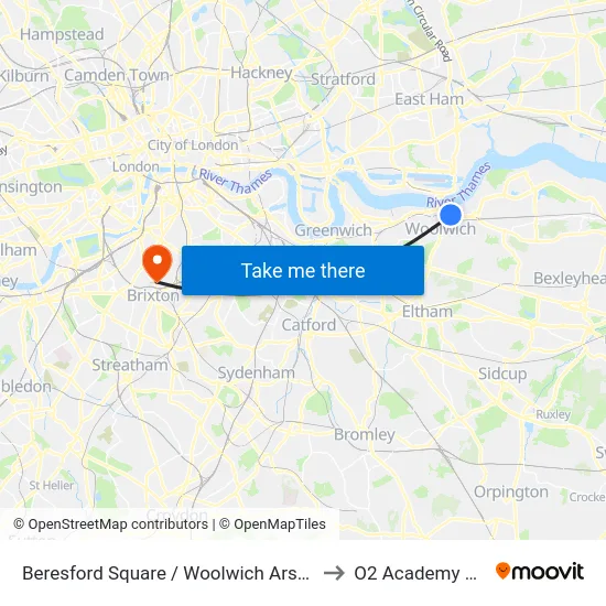 Beresford Square / Woolwich Arsenal Station to O2 Academy Brixton map
