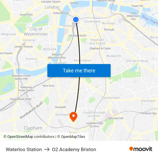 Waterloo Station to O2 Academy Brixton map