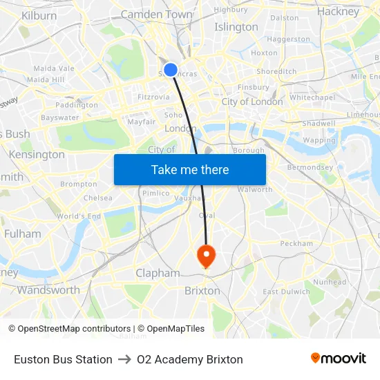Euston Bus Station to O2 Academy Brixton map