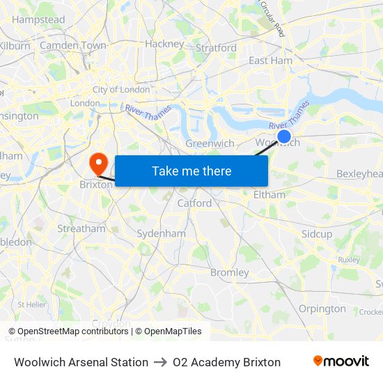 Woolwich Arsenal Station to O2 Academy Brixton map