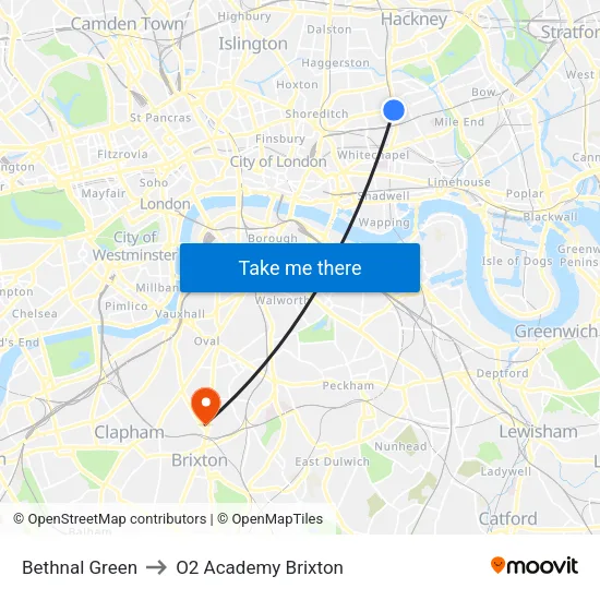 Bethnal Green to O2 Academy Brixton map