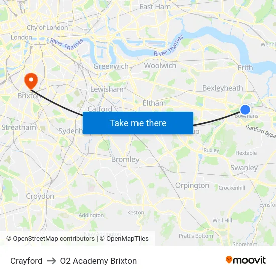 Crayford to O2 Academy Brixton map
