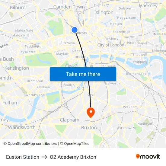 Euston Station to O2 Academy Brixton map
