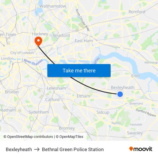 Bexleyheath to Bethnal Green Police Station map