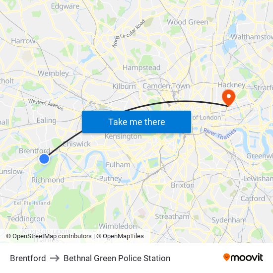 Brentford to Bethnal Green Police Station map