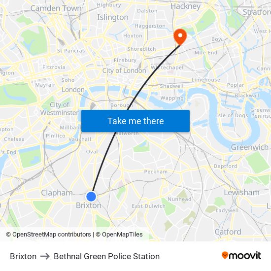 Brixton to Bethnal Green Police Station map