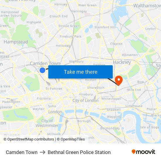 Camden Town to Bethnal Green Police Station map