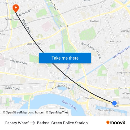 Canary Wharf to Bethnal Green Police Station map