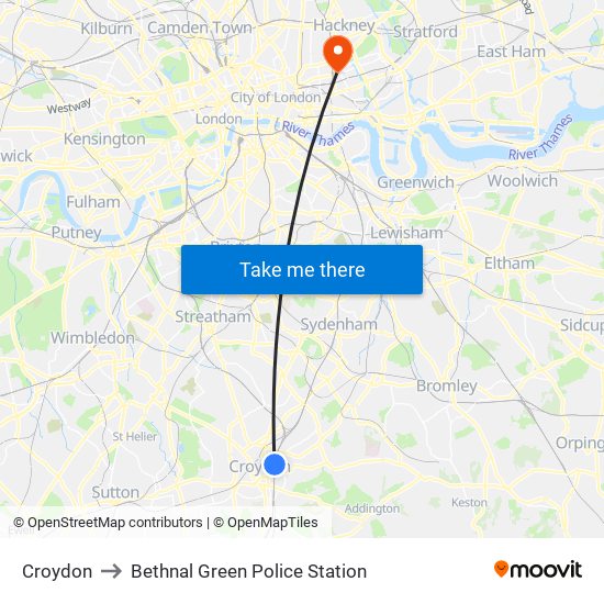 Croydon to Bethnal Green Police Station map