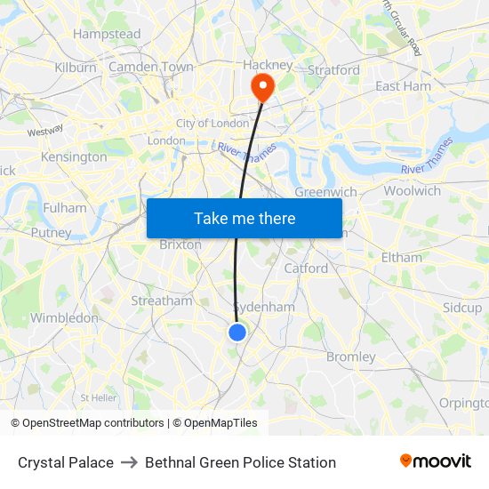 Crystal Palace to Bethnal Green Police Station map