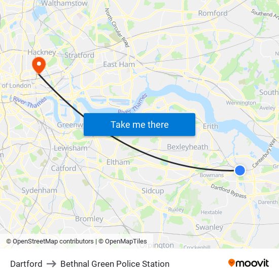 Dartford to Bethnal Green Police Station map