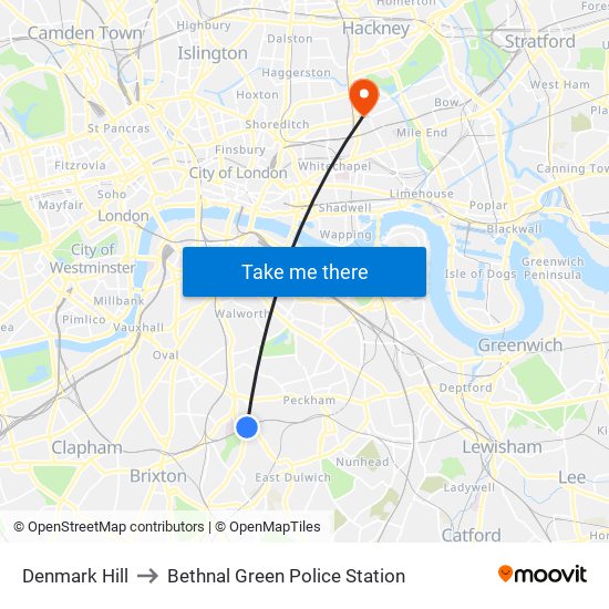 Denmark Hill to Bethnal Green Police Station map