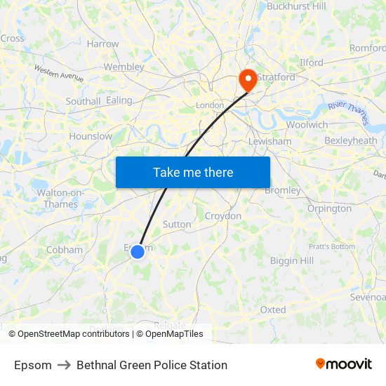 Epsom to Bethnal Green Police Station map