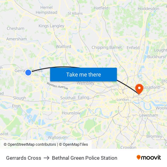 Gerrards Cross to Bethnal Green Police Station map