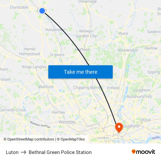 Luton to Bethnal Green Police Station map