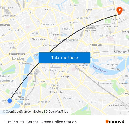 Pimlico to Bethnal Green Police Station map