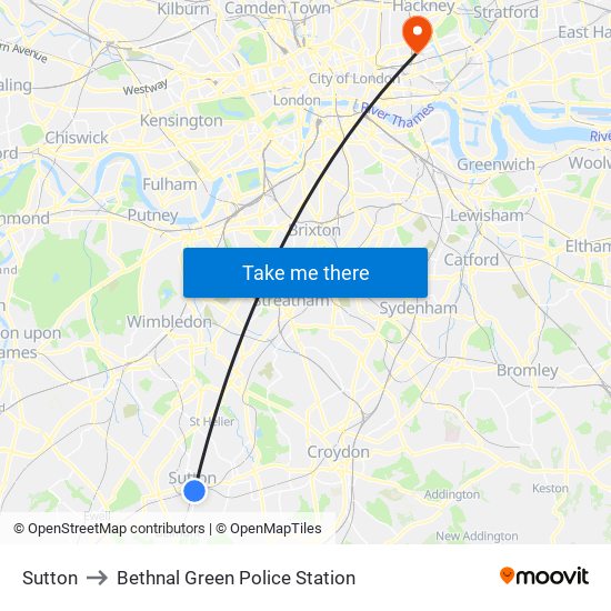 Sutton to Bethnal Green Police Station map