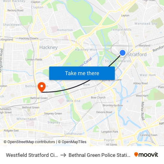 Westfield Stratford City to Bethnal Green Police Station map