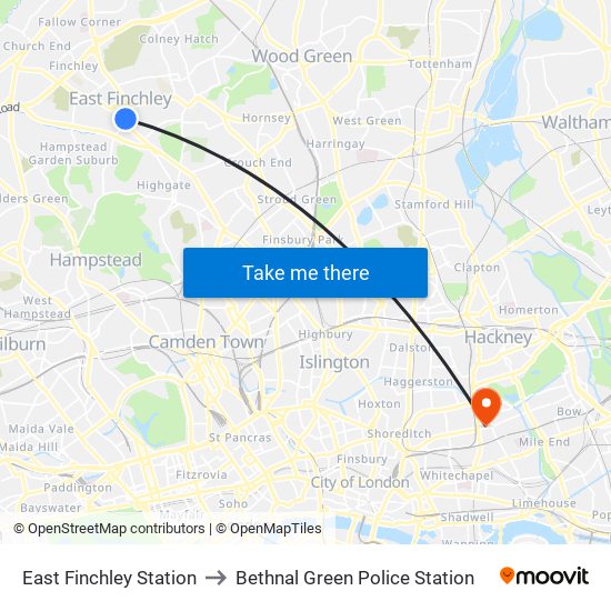 East Finchley Station to Bethnal Green Police Station map