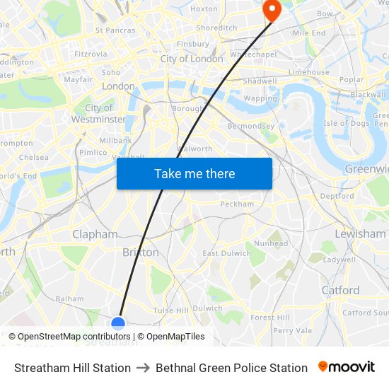 Streatham Hill Station to Bethnal Green Police Station map