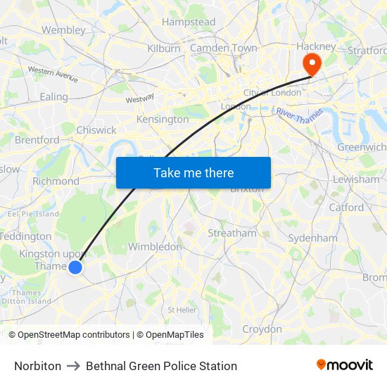 Norbiton to Bethnal Green Police Station map
